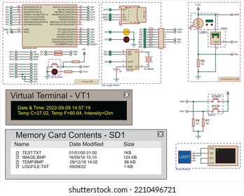 Vector diagram of connecting a temperature sensor, sd card, 
terminal and photoresistor to an Arduino uno. 
Electronic circuit board with arduino.
Electrical diagram with arduino.