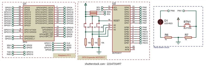 Vector diagram of the connection of the external device to the educational  printed circuit board. Electronic circuit board.