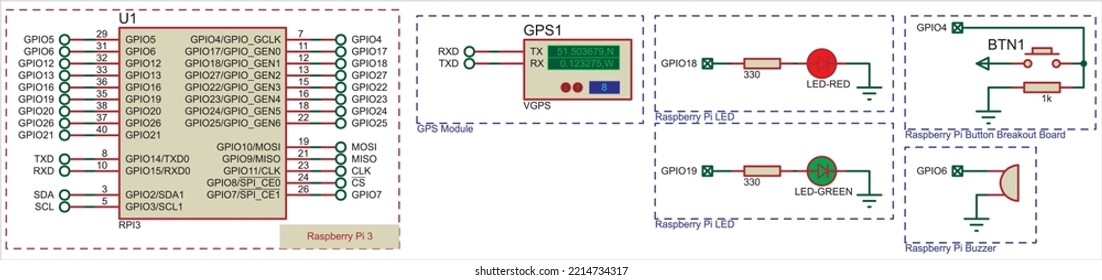 Vector diagram of the connection of the gps module to the educational  printed circuit board. Designing electronic devices using the educational board. Electronic circuit board.