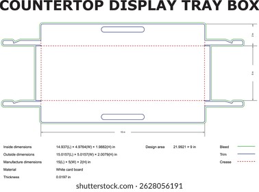 Vector diagram of a countertop display tray box showing dimensions and design details