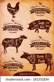 vector diagram cut carcasses of chicken, pig, cow, lamb