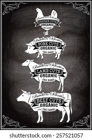 vector diagram cut carcasses of chicken, pig, cow, lamb