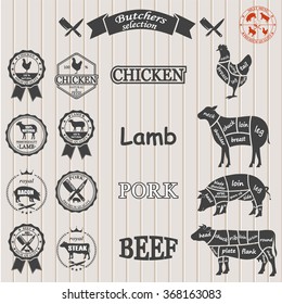 vector diagram cut carcasses of chicken, pig, cow, lamb. Vector Illustration