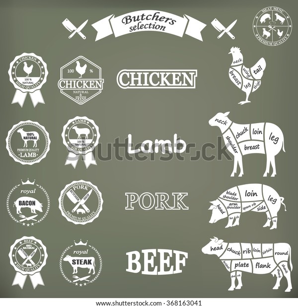 vector diagram cut carcasses of chicken,\
pig, cow, lamb. Vector\
Illustration