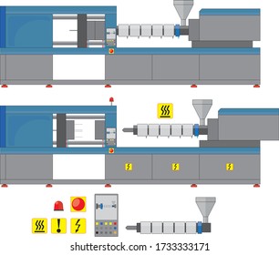 Vector Diagram Of An Electric Or Hydraulic Injection Molding Machine For Plastic And Polymer Processing. Production Of Plastic Objects And Parts