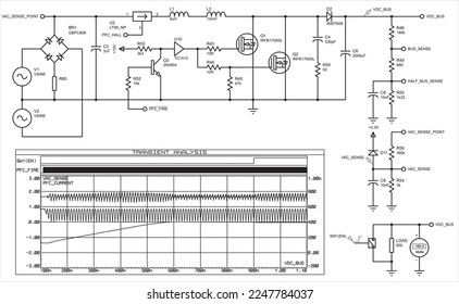 Vector diagram of an electrical schematic
of an electronic device. Graph of analog and digital signals.
Drawing circuit with resistor, capacitor, inductor, diode bridge, 
other electronic components.