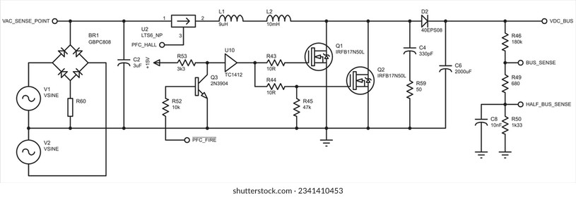 Vector diagram of an electrical schematic
of an electronic device. Drawing circuit with resistor, capacitor, inductor, diode bridge, 
other electronic components.