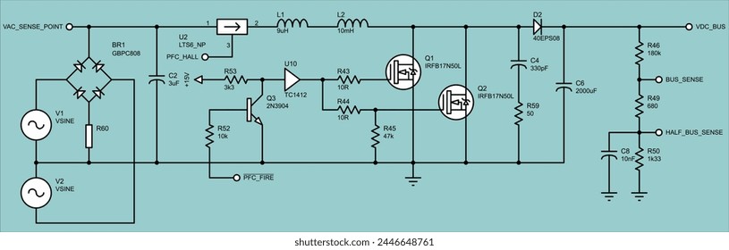 Vector diagram of an electrical schematic
of an electronic device.
Drawing circuit with resistor, capacitor, inductor, diode bridge, 
other electronic components.