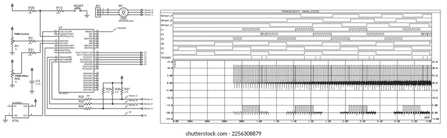 Diagrama vectorial de un dispositivo electrónico con motor
bajo el control de un microcontrolador.
Gráfica de señales analógicas y digitales. Análisis transitorio. 