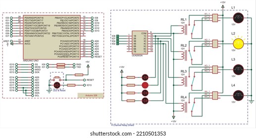 Vector diagram of an electronic device on the Arduino uno.
Connecting external device to the Arduino board.
Electronic circuit board. Electrical circuit of four-channel relay.