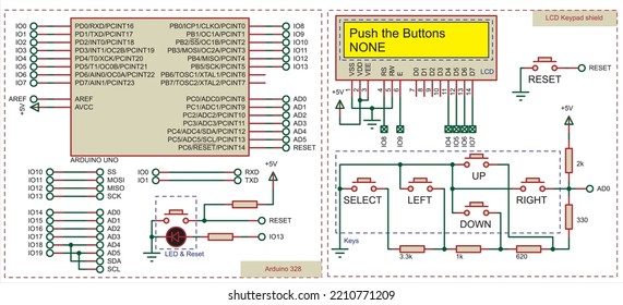 Vector diagram of an electronic device on the Arduino uno.
Connecting external devices (keyboard and alphanumeric display) 
to the Arduino board. Electronic circuit board.