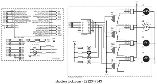 Vector diagram of an electronic device on the Arduino uno.
Connecting external device to the Arduino board.
Electronic circuit board. Electrical circuit of four-channel relay.