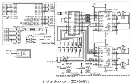 Vector diagram of an electronic device on the arduino. Connecting external devices to the arduino printed circuit board. Electronic circuit board.