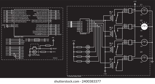 Vector diagram of an electronic device on the arduino. Connecting external device to the arduino board. Electronic circuit board. Electrical circuit of four-channel relay.