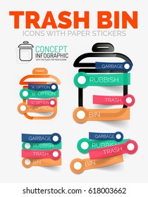 Vector diagram elements set of trash or garbage bin icons with plastic paper style stickers for text. Internet or web banner layout