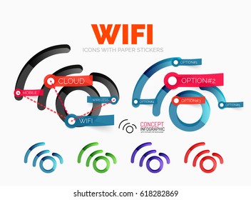 Vector diagram elements set of wifi connection icons with plastic paper style stickers for text. Internet or web banner layout