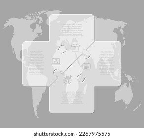 Vector diagram infographic process on 4 parts, options or processes. Template time line for diagram, graph, presentation and chart. Four steps glass cross jigsaw for business, flow concept