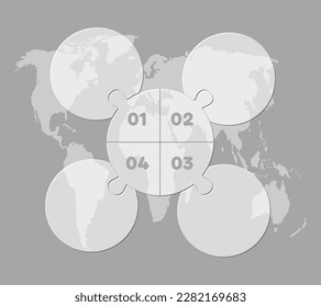 Vector diagram infographic process on 4 parts, options or processes. Template time line for diagram, graph, presentation and chart. Four steps glass circle jigsaw for business, flow concept