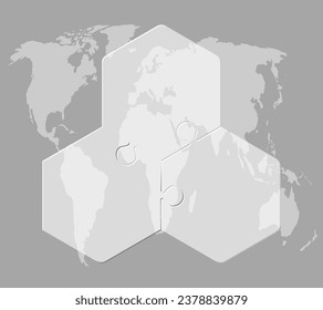 Vector diagram infographic process on 3 parts, options or processes. Template time line for diagram, graph, presentation and chart. Three steps glass part hexagon jigsaw for business, flow concept