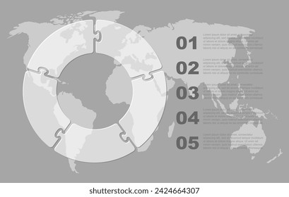 Vector diagram infographic process on 5 parts, options or processes. Template time line for diagram, graph, presentation and chart. Five steps glass part circle jigsaw for business, flow concept