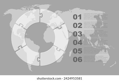Proceso infográfico de diagrama vectorial en 6 partes, opciones o procesos. Plantilla de línea de tiempo para diagrama, gráfico, presentación y gráfico. Rompecabezas del círculo de la pieza de cristal de seis pasos para el negocio, concepto del flujo