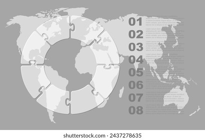 Vector diagram infographic process on 8 parts, options or processes. Template time line for diagram, graph, presentation and chart. Eight steps glass part circle jigsaw for business, flow concept