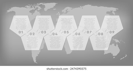 Vector diagram infographic process on 9 parts, options or processes. Template time line for diagram, graph, presentation and chart. Nine steps glass part pentagon jigsaw for business, flow concept