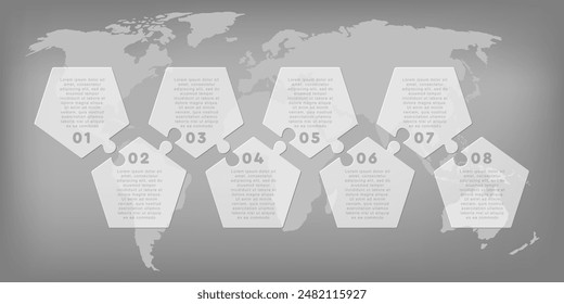 Vector diagram infographic process on 8 parts, options or processes. Template time line for diagram, graph, presentation and chart. Eight steps glass part pentagon jigsaw for business, flow concept