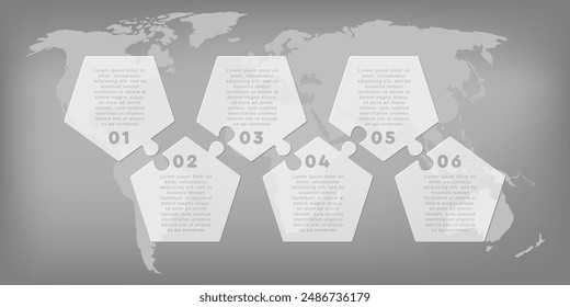 Vektorgrafik Diagramm Infografik Prozess auf 6 Teilen, Optionen oder Prozesse. Vorlage Zeitlinie für Diagramm, Grafik, Präsentation und Diagramm. Sechs Schritte Glas Teil Pentagon Puzzle für Unternehmen, Flow-Konzept