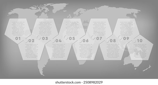 Proceso de infografía de diagrama de Vector en 10 partes, opciones o procesos. Línea de tiempo de Plantilla para diagrama, gráfico, presentación y gráfico. Diez pasos de vidrio parte hexágono rompecabezas para los negocios, concepto de flujo