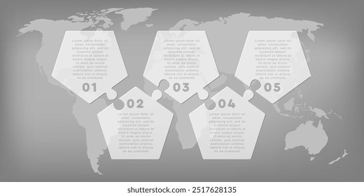 Processo infográfico de diagrama vetorial em 5 partes, opções ou processos. Linha de tempo do modelo para diagrama, gráfico, apresentação e gráfico. Quinto passos de vidro parte pentágono para negócios, conceito de fluxo
