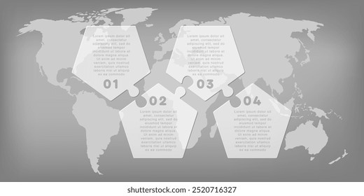 Processo infográfico de diagrama vetorial em 4 partes, opções ou processos. Linha de tempo do modelo para diagrama, gráfico, apresentação e gráfico. Quatro etapas de vidro parte pentágono para negócios, conceito de fluxo