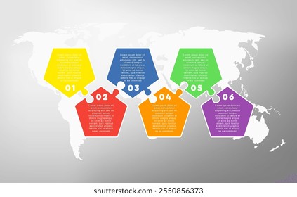 Processo infográfico de diagrama vetorial em 6 partes, opções ou processos. Linha de tempo do modelo para diagrama, gráfico, apresentação e gráfico. Seis passos de vidro parte pentágono quebra-cabeça para negócios, conceito de fluxo