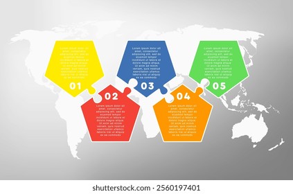 Vector diagram infographic process on 5 parts, options or processes. Template time line for diagram, graph, presentation and chart. Five steps glass part pentagon jigsaw for business, flow concept