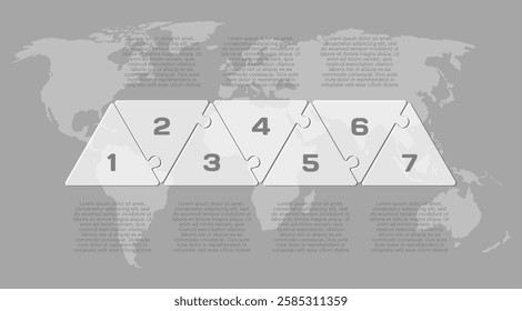 Vector diagram infographic process on 7 parts, options, processes. Template time line for diagram, graph, presentation and chart. Seven steps transparent part triangle jigsaw for business flow concept