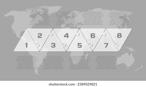 Vector diagram infographic process on 8 parts, options or processes. Template time line for diagram, graph, presentation and chart. Eight steps transparent part triangle jigsaw for business