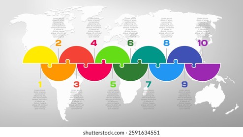 Vector diagram infographic process on 10 parts, options or processes. Template timeline for graph, presentation and chart. Ten steps color part puzzle pieces for business, flow concept