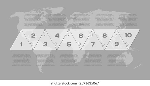 Vector diagram infographic process on 10 parts, options or processes. Template time line for diagram, graph, presentation and chart. Ten steps transparent part triangle jigsaw for business, concept