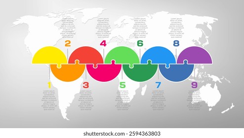 Vector diagram infographic process on 9 parts, options or processes. Template timeline for graph, presentation and chart. Nine steps color part puzzle pieces for business, flow concept