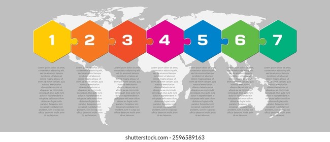 Vector diagram infographic process on 7 parts, options or processes. Template time line for diagram, graph, presentation and chart. Seven steps colorful part hexagon jigsaw for business, flow concept