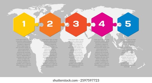 Vector diagram infographic process on 5 parts, options or processes. Template time line for diagram, graph, presentation and chart. Five steps colorful part hexagon jigsaw for business, flow concept