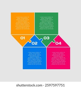 Vector diagram infographic process on 4 parts, options or processes. Template timeline for graph, presentation and chart. Four steps part square triangle puzzle pieces for business, flow concept