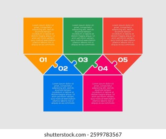 Vector diagram infographic process on 5 parts, options or processes. Template timeline for graph, presentation and chart. Five steps part square triangle puzzle pieces for business, flow concept