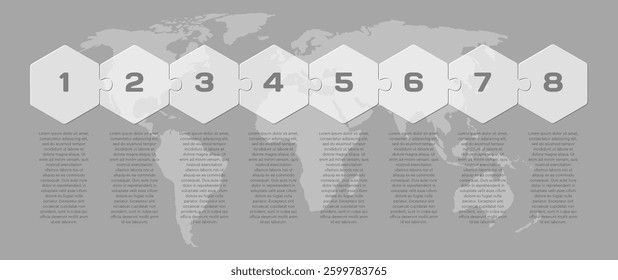 Vector diagram infographic process on 8 parts, options or processes. Template time line for diagram, graph, presentation and chart. Eight steps transparent part hexagon jigsaw for business, concept