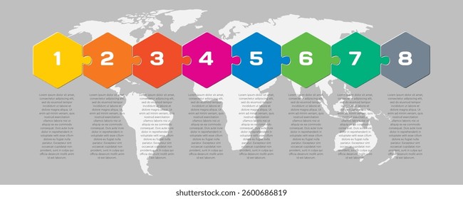 Vector diagram infographic process on 8 parts, options or processes. Template time line for diagram, graph, presentation and chart. Eight steps colorful part hexagon jigsaw for business, flow concept