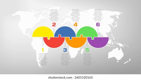 Vector diagram infographic process on 6 parts, options or processes. Template timeline for graph, presentation and chart. Six steps color part puzzle pieces for business, flow concept