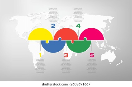 Vector diagram infographic process on 5 parts, options or processes. Template timeline for graph, presentation and chart. Five steps color part puzzle pieces for business, flow concept
