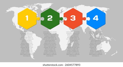 Vector diagram infographic process on 4 parts, options or processes. Template time line for diagram, graph, presentation and chart. Four steps colorful part hexagon jigsaw for business, flow concept
