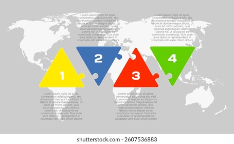 Vector diagram infographic process on 4 parts, options or processes. Template time line for diagram, graph, presentation and chart. Four steps colorful part triangle jigsaw for business, flow concept
