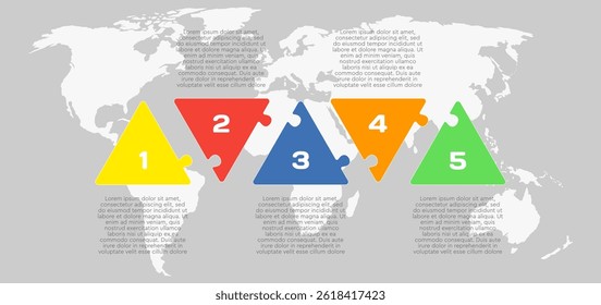 Vector diagram infographic process on 5 parts, options or processes. Template time line for diagram, graph, presentation and chart. Five steps colorful part triangle jigsaw for business, flow concept